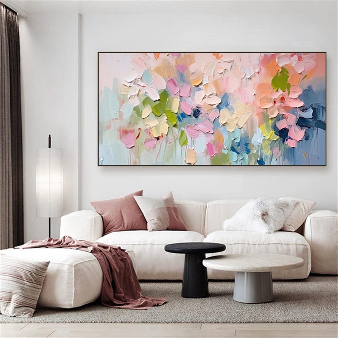 Coral Pink Blue Abstract Flowers Panoramic Modern Floral Wall Art - Image 2