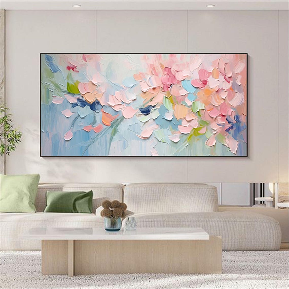Blush Pink Teal Navy Abstract Florals Panoramic Gallery Wall Art - Image 4