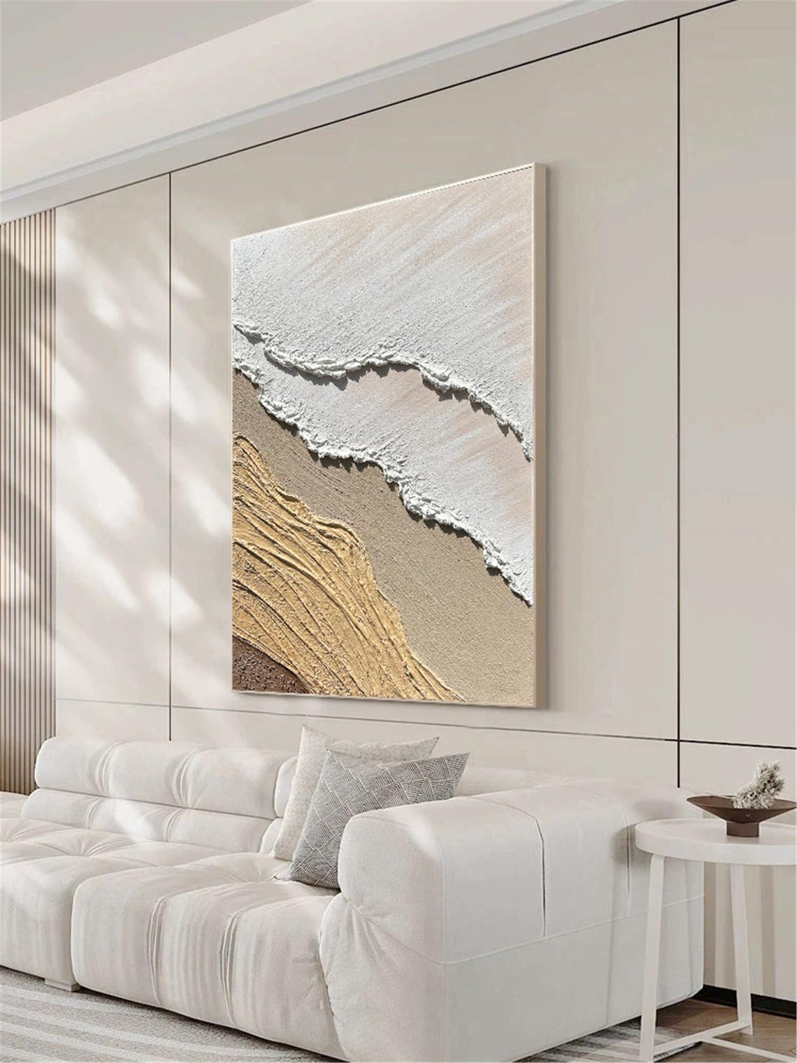 Beige White Textured Rock Waves Neutral Abstract Framed Wall Art - Image 2