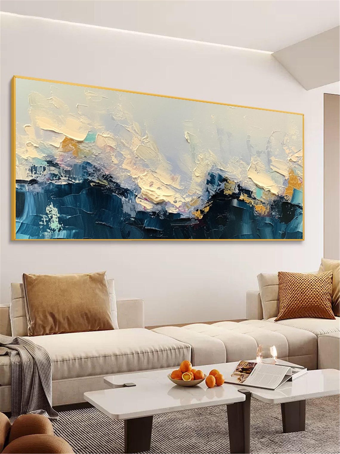 Navy Ocean Waves White Foam 3D Textured Painting Panoramic Wall Art - Image 2