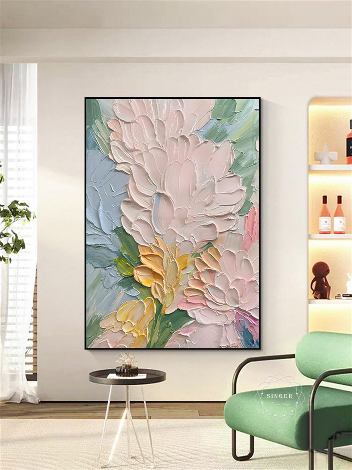 Tall White Pink Flower Teal Yellow Splash Vertical Statement Wall Art - Image 4