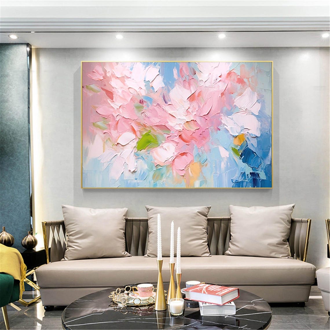 Pink Blossom Cluster Sky Blue Panoramic Soft Floral Wall Art - Image 5