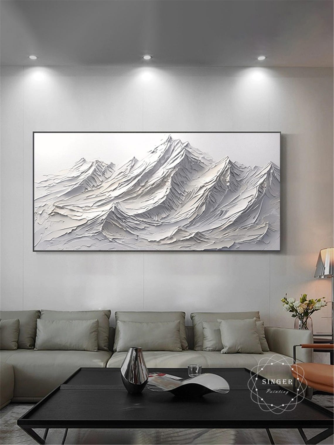 Snow Capped White Peaks 3D Textured Panoramic Mountain Painting Print - Image 3