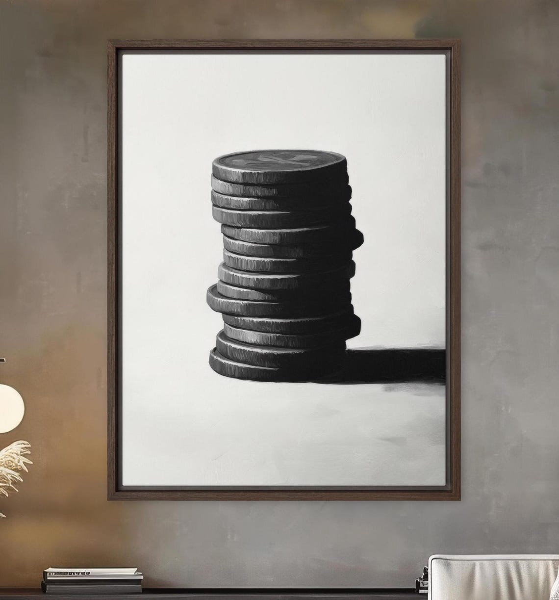 Stack Of Coins Minimalist Black White Money Wealth Framed Art Poster