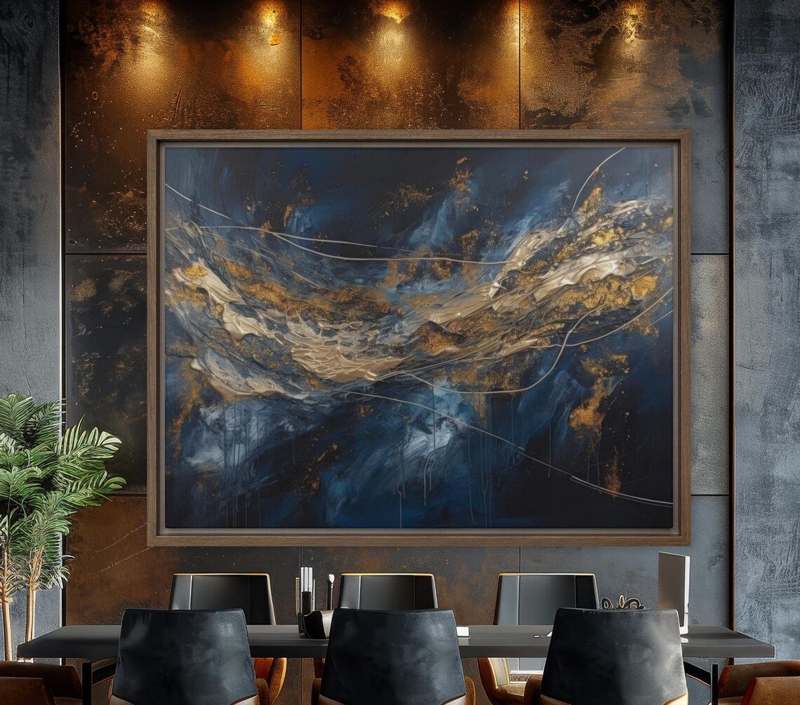 Blue And Gold Abstract Large Modern Wall Art Luxury Textured Painting Contemporary Home Decor Elegant Statement Artwork