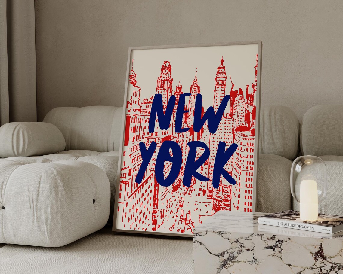 New York Red Manhattan City Skyline Hand Drawn Vintage Travel Poster - Image 3