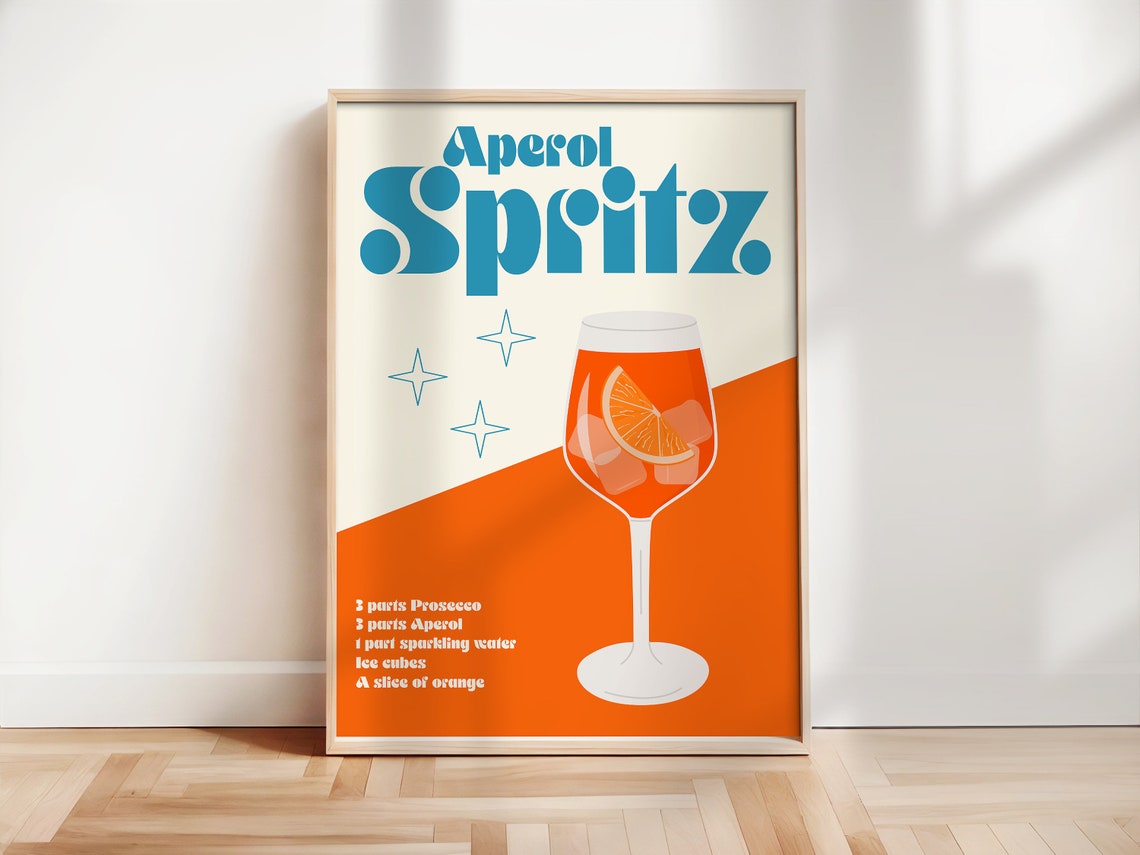 Aperol Spritz Retro Italian Cocktail Recipe Cream Orange Bar Poster