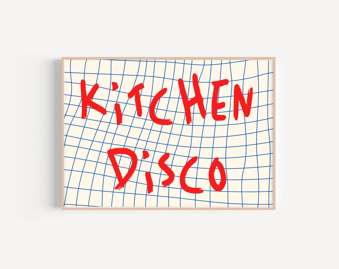 Kitchen Disco Red Brush Lettering Blue Grid Retro Quote Poster