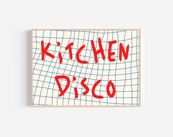Kitchen Disco Red Brush Lettering Blue Grid Retro Quote Poster