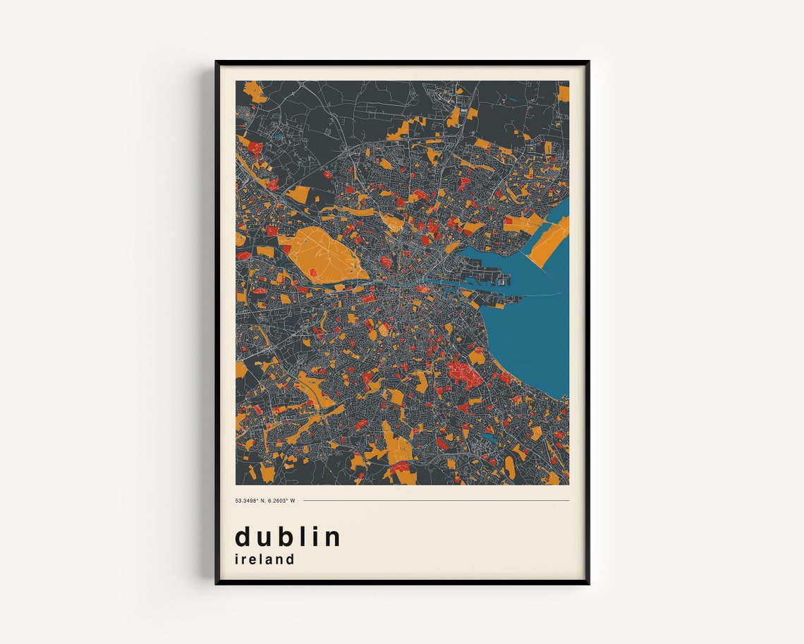 Dublin Ireland Retro Dark Charcoal Colorful City Map Travel Poster