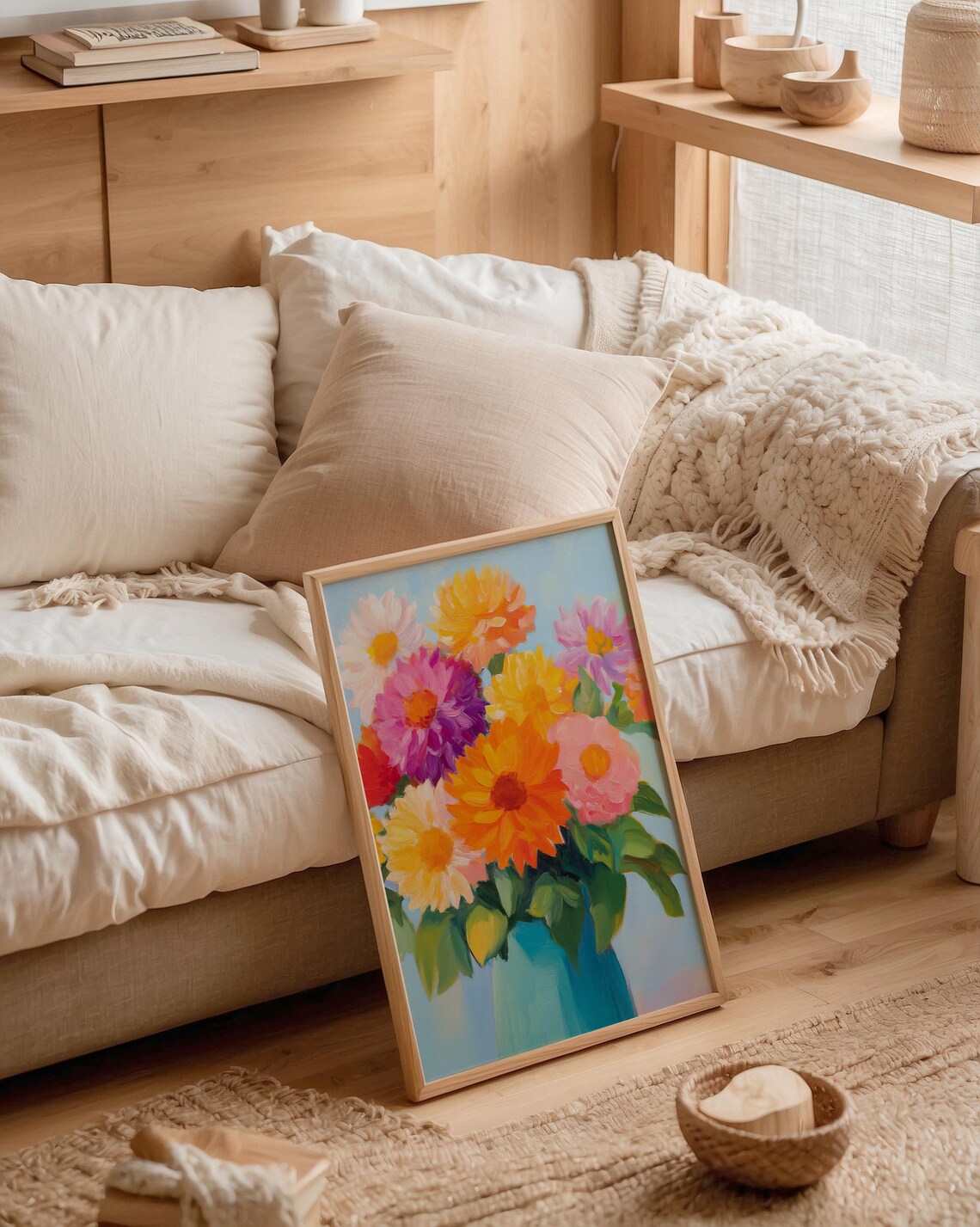 Colourful Zinnia Flower Bouquet Painting Blue Vase Still Life Poster - Image 2