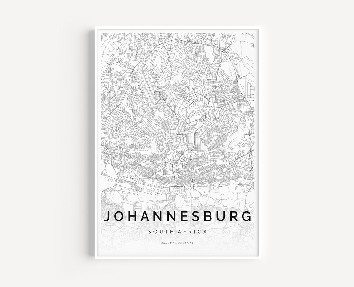 Johannesburg City Map Print Minimal Johannesburg Map Poster Johannesburg Map Wall Art Map Of Johannesburg South Africa Minimal City Map