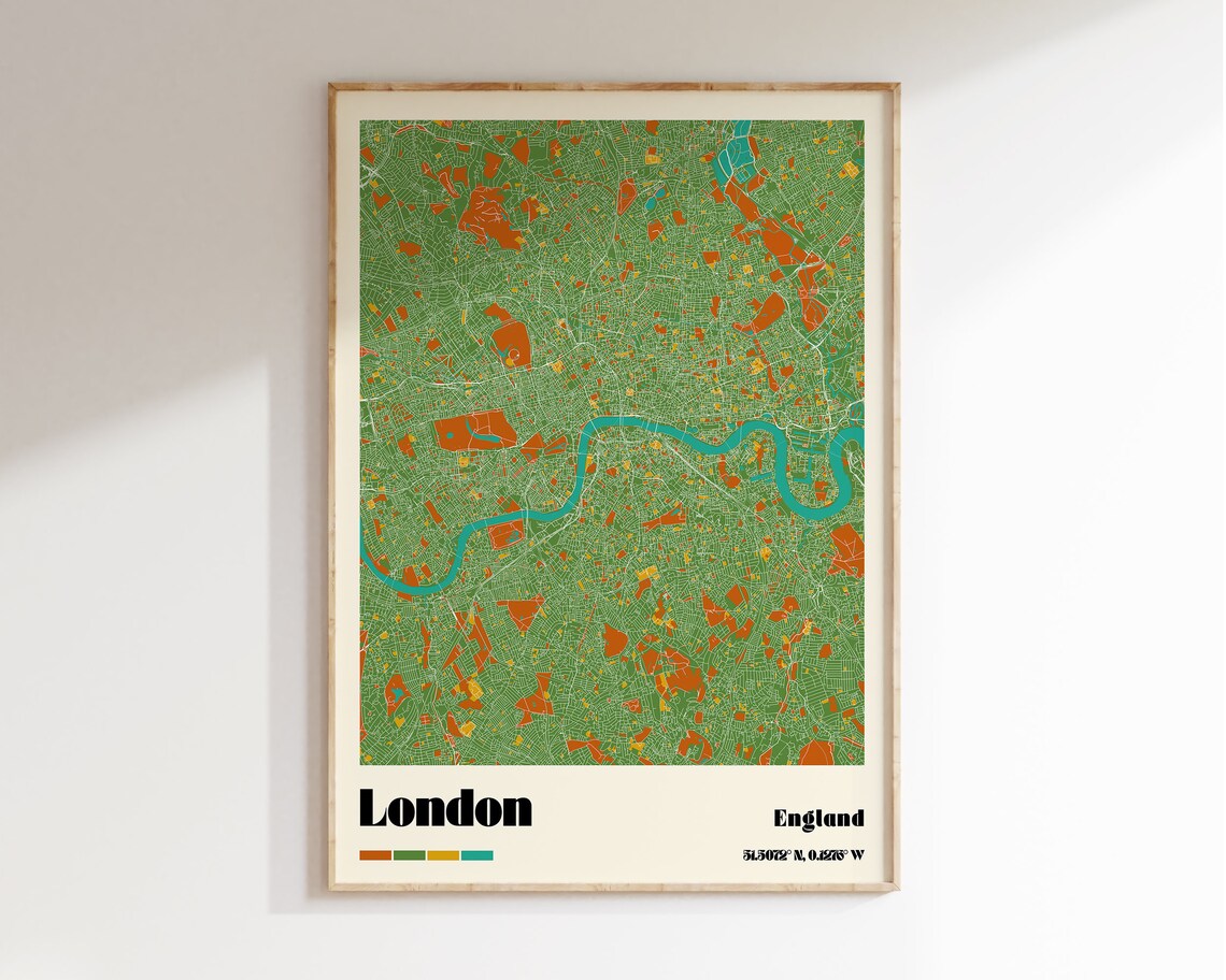 London Map Print London Map Poster Colourful London City Map Mid Century Travel Poster London Travel Poster London Map Wall Art