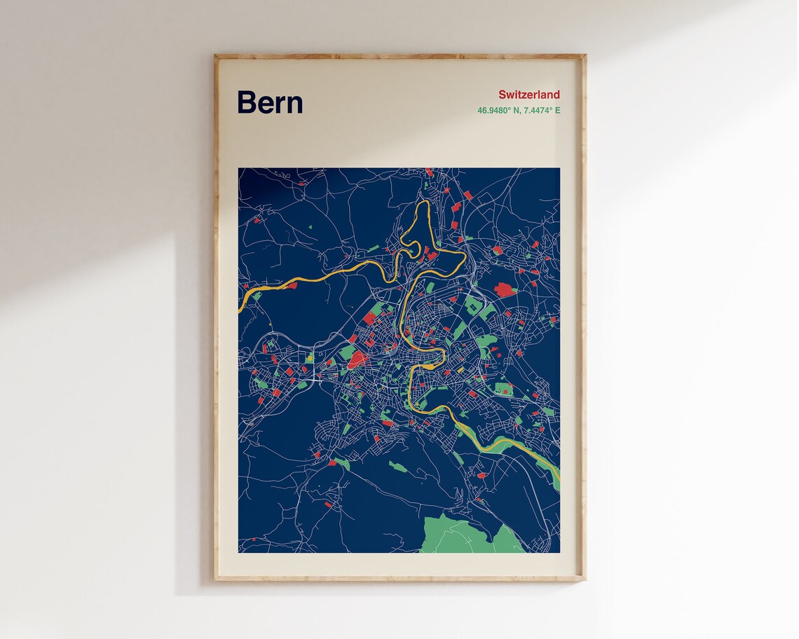 Bern Switzerland City Street Map Navy Blue Minimalist Art Print