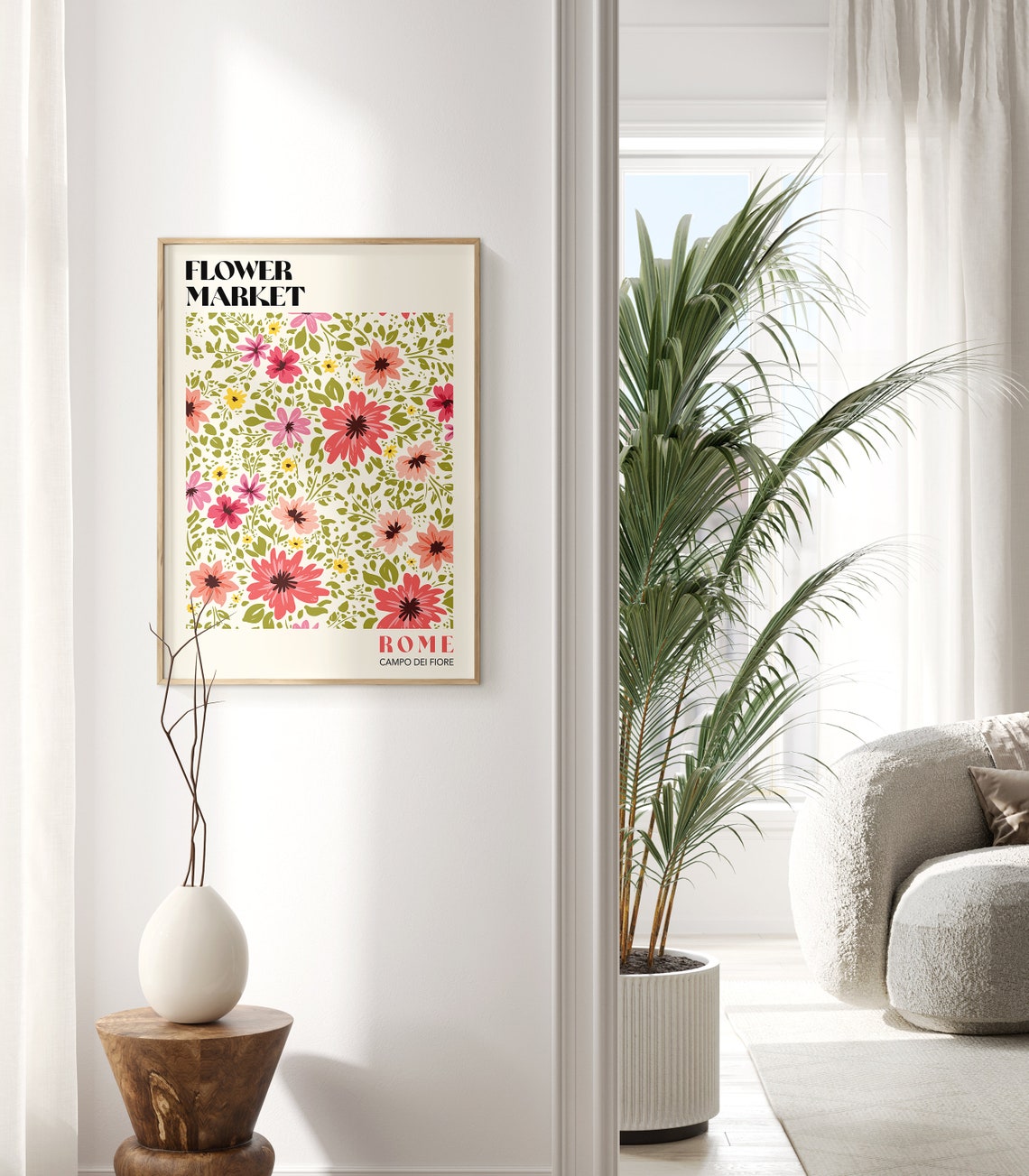 Rome Flower Market Art Print Flower Market Poster Flower Market Wall Art Pink And Green Flower Market Print Retro Flowers F129 - Image 3