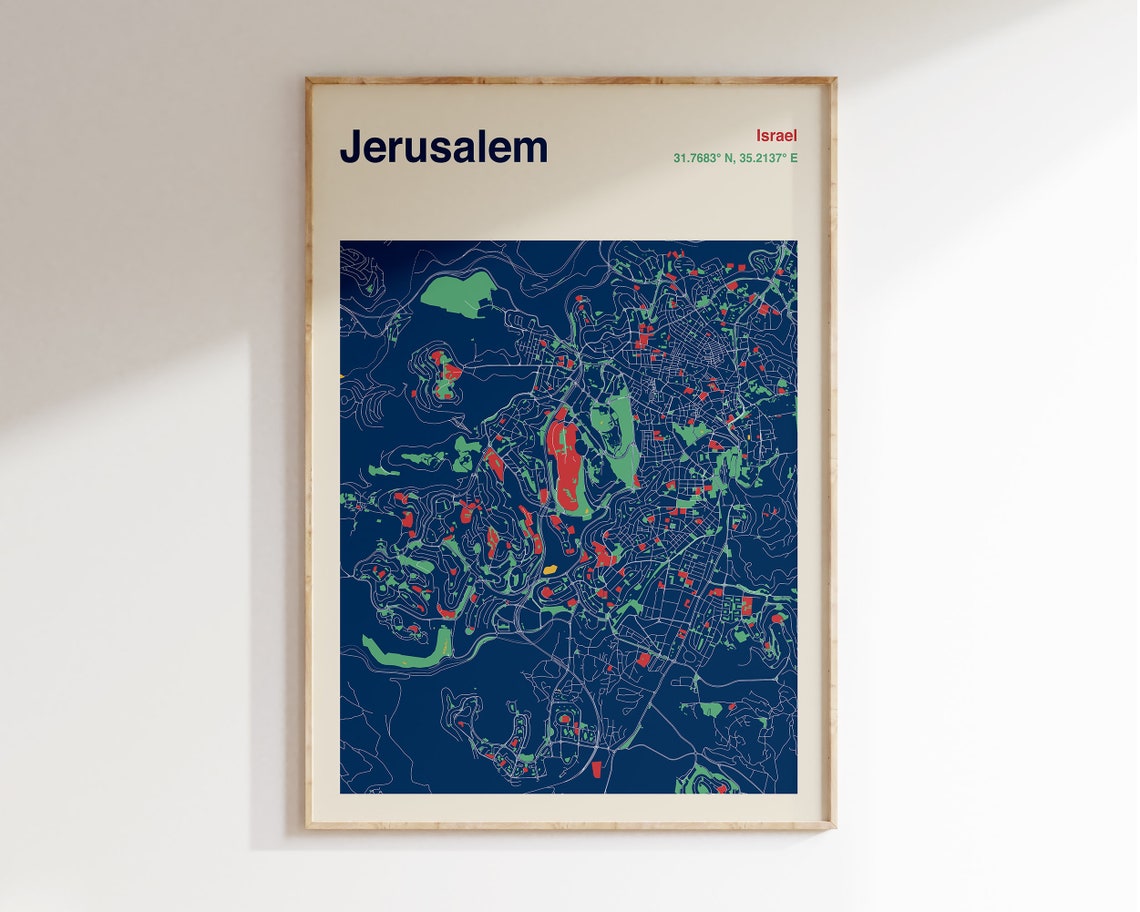 Jerusalem Israel Colourful Old City Street Map Poster in Navy Tones