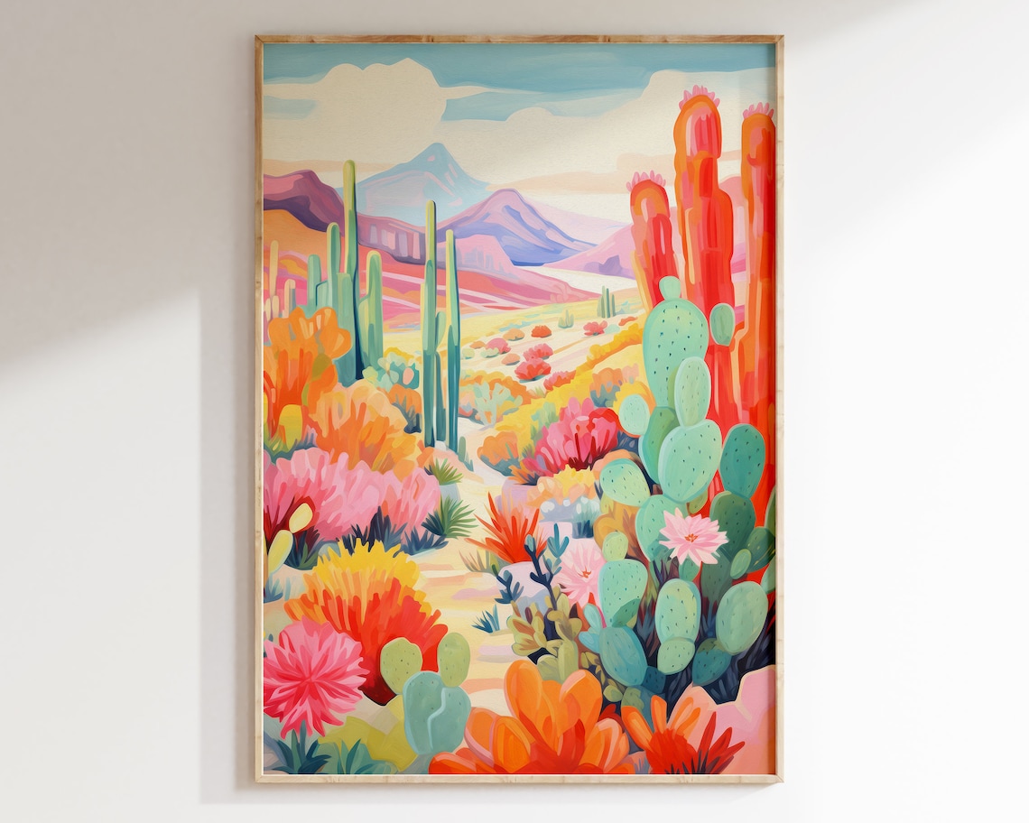 Maximalist Desert Cactus Poster, Retro Botanical Art