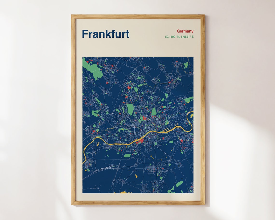 Frankfurt Germany City Street Map Navy Blue Minimalist Art Print