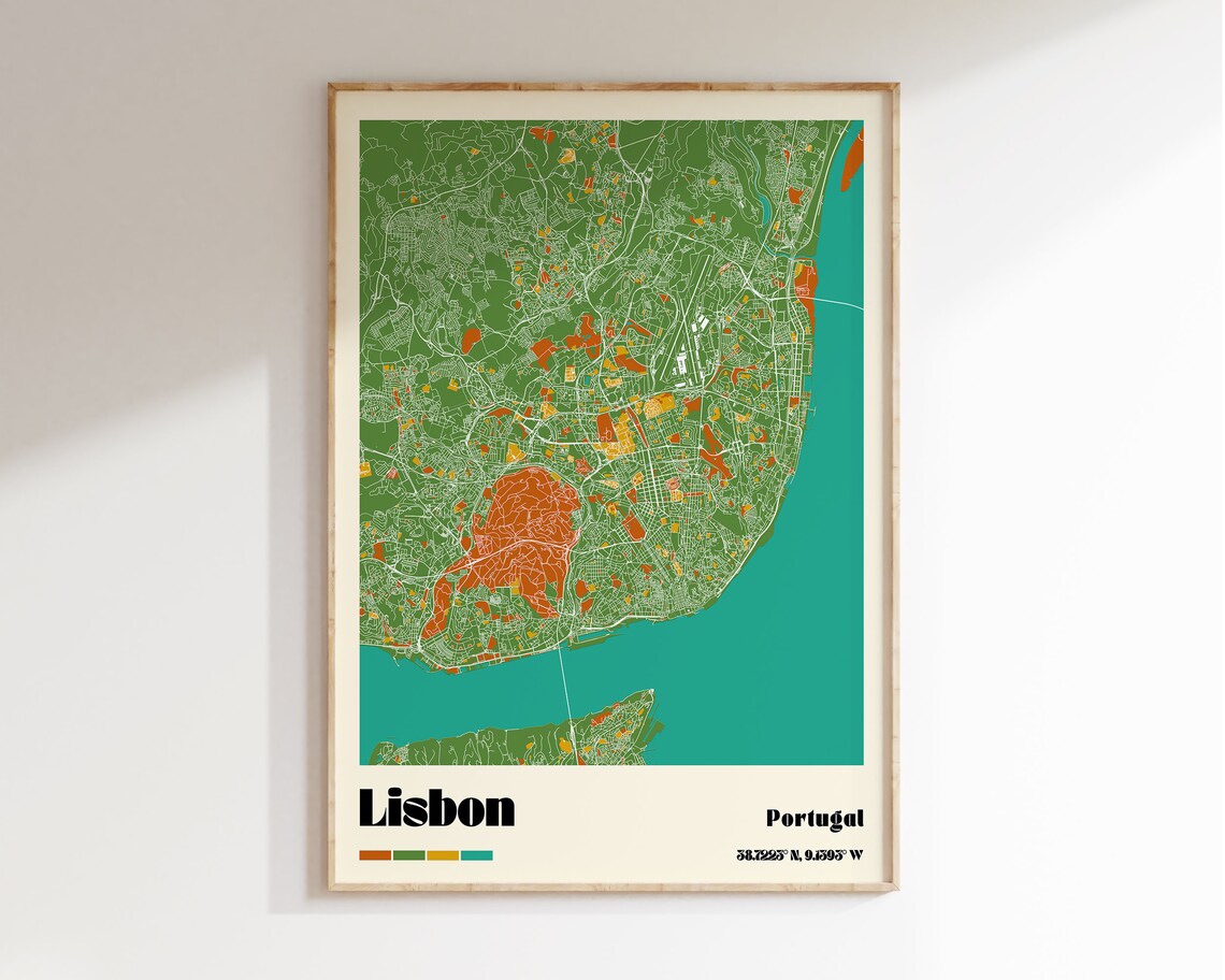 Lisbon Portugal Map Poster, Retro Travel Poster