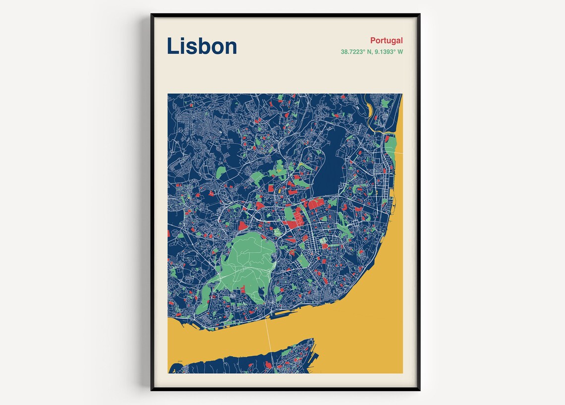 Lisbon Portugal Map Print, Travel Poster