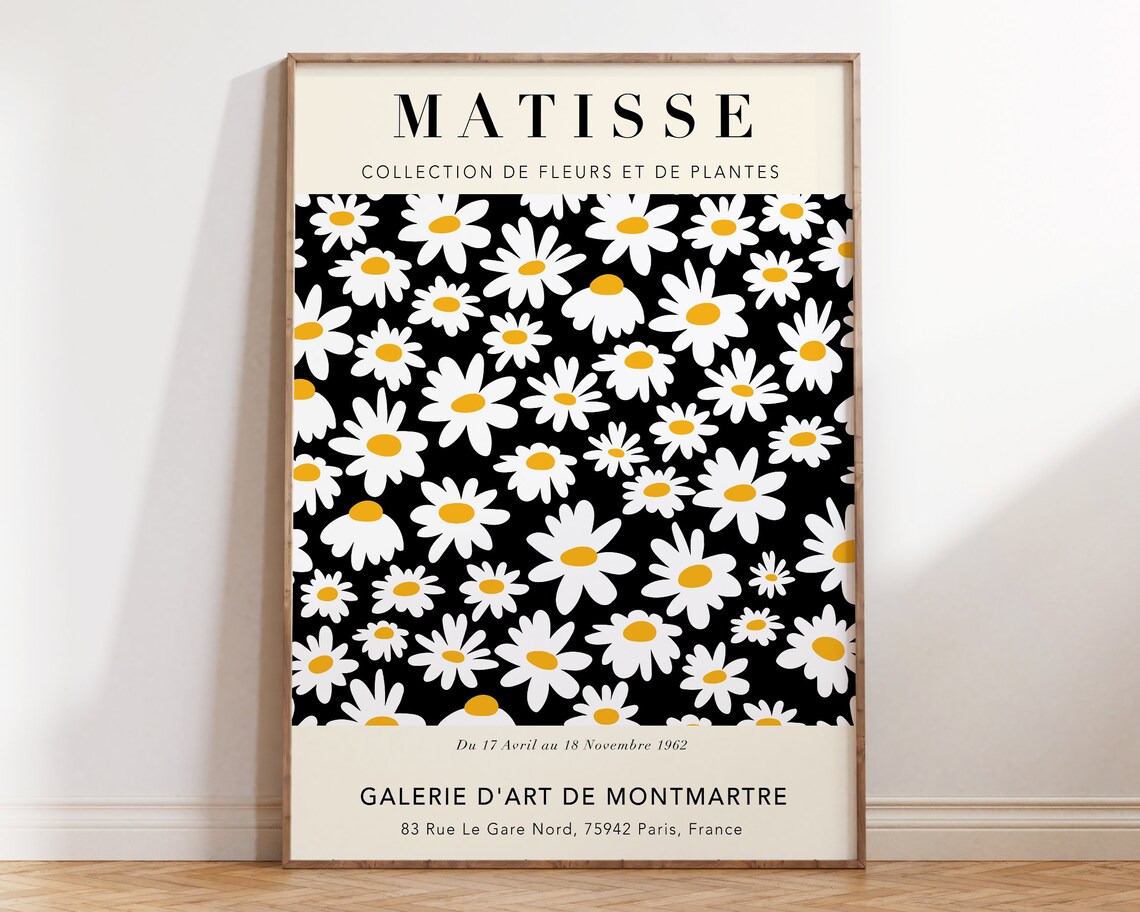 Matisse Daisy Exhibition Poster Black White Floral 1962 Montmartre Gallery