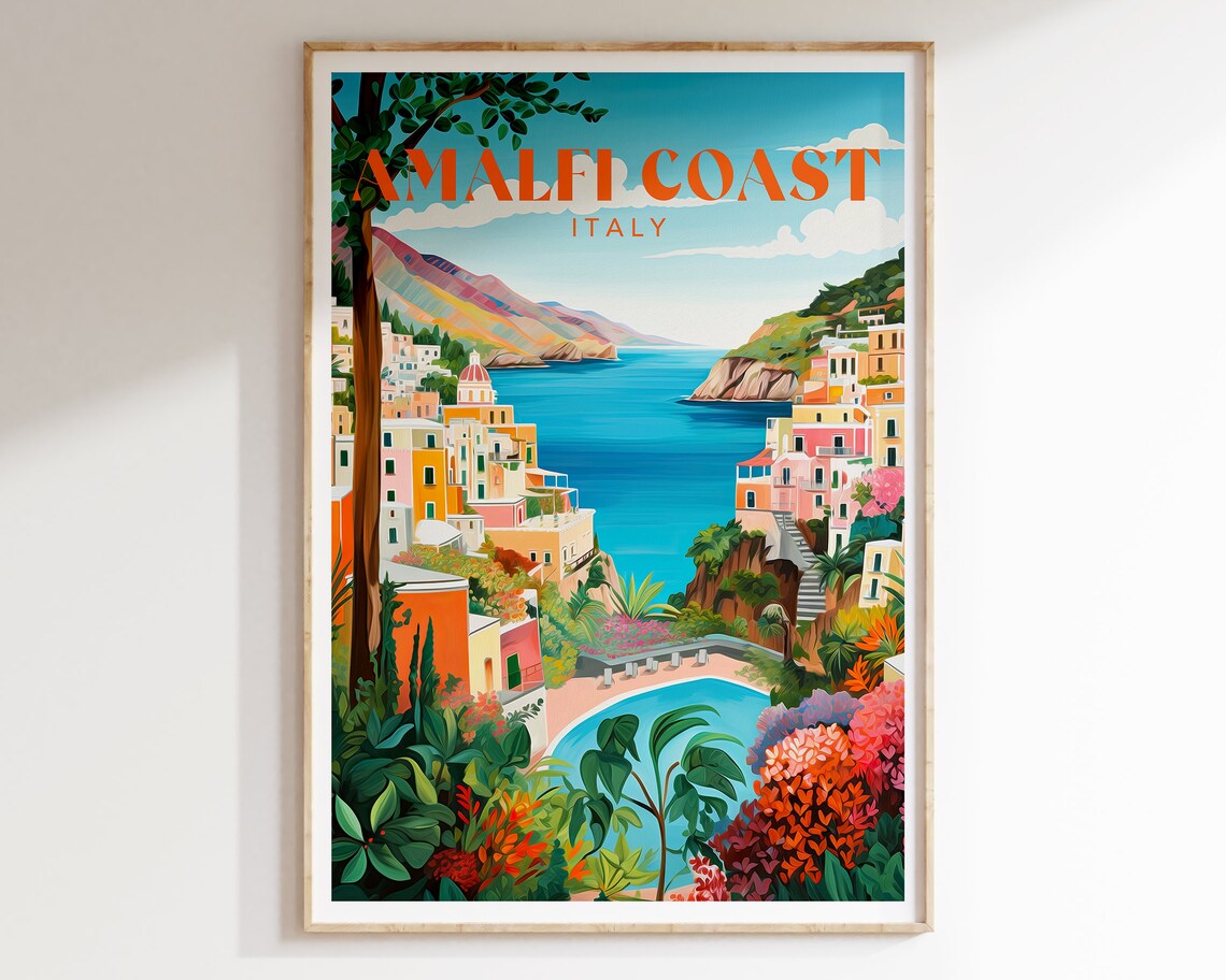 Amalfi Coast Italy Travel Poster, Colorful Art Print