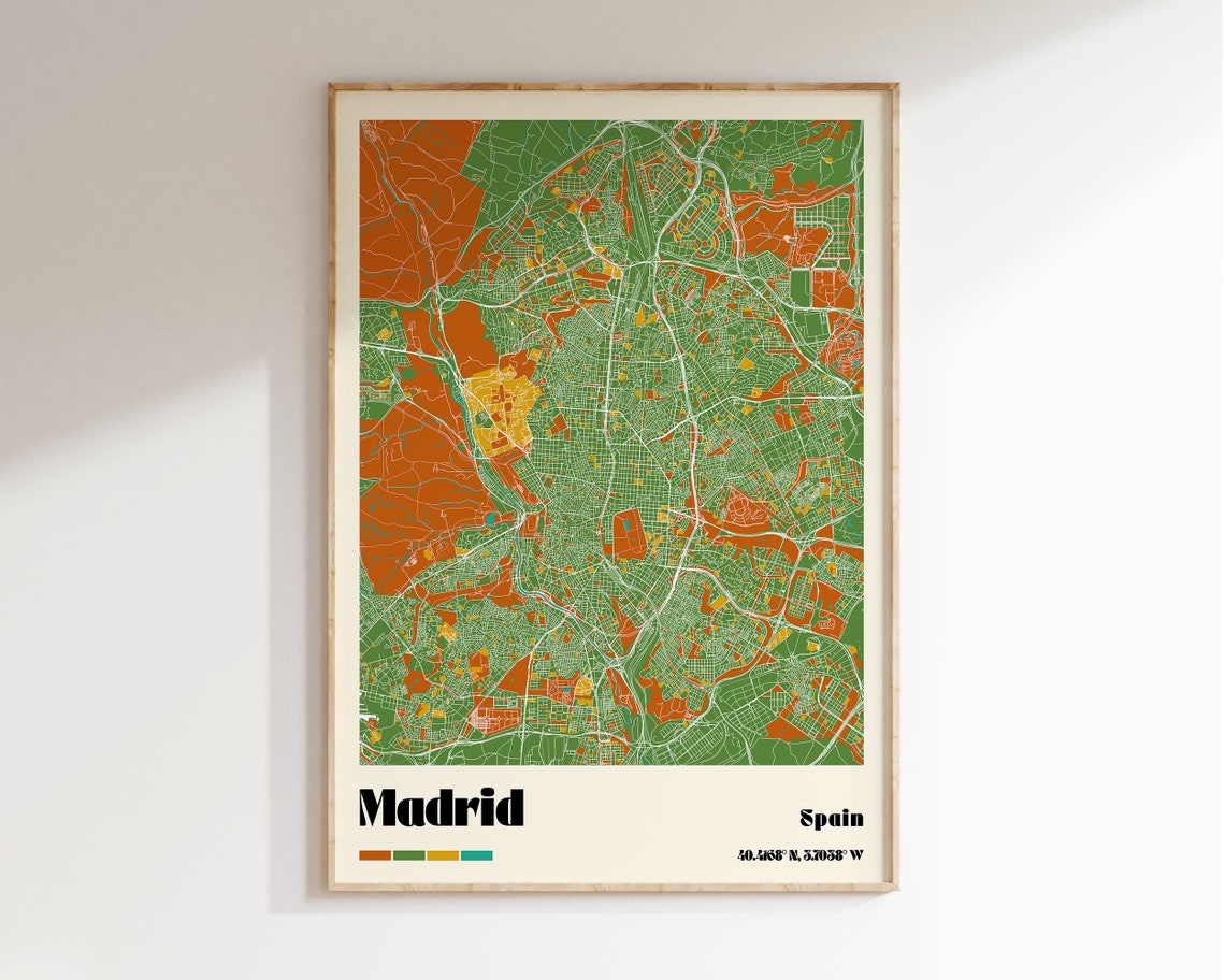 Madrid Spain Retro Colorful Modern City Map Street Grid Wall Art