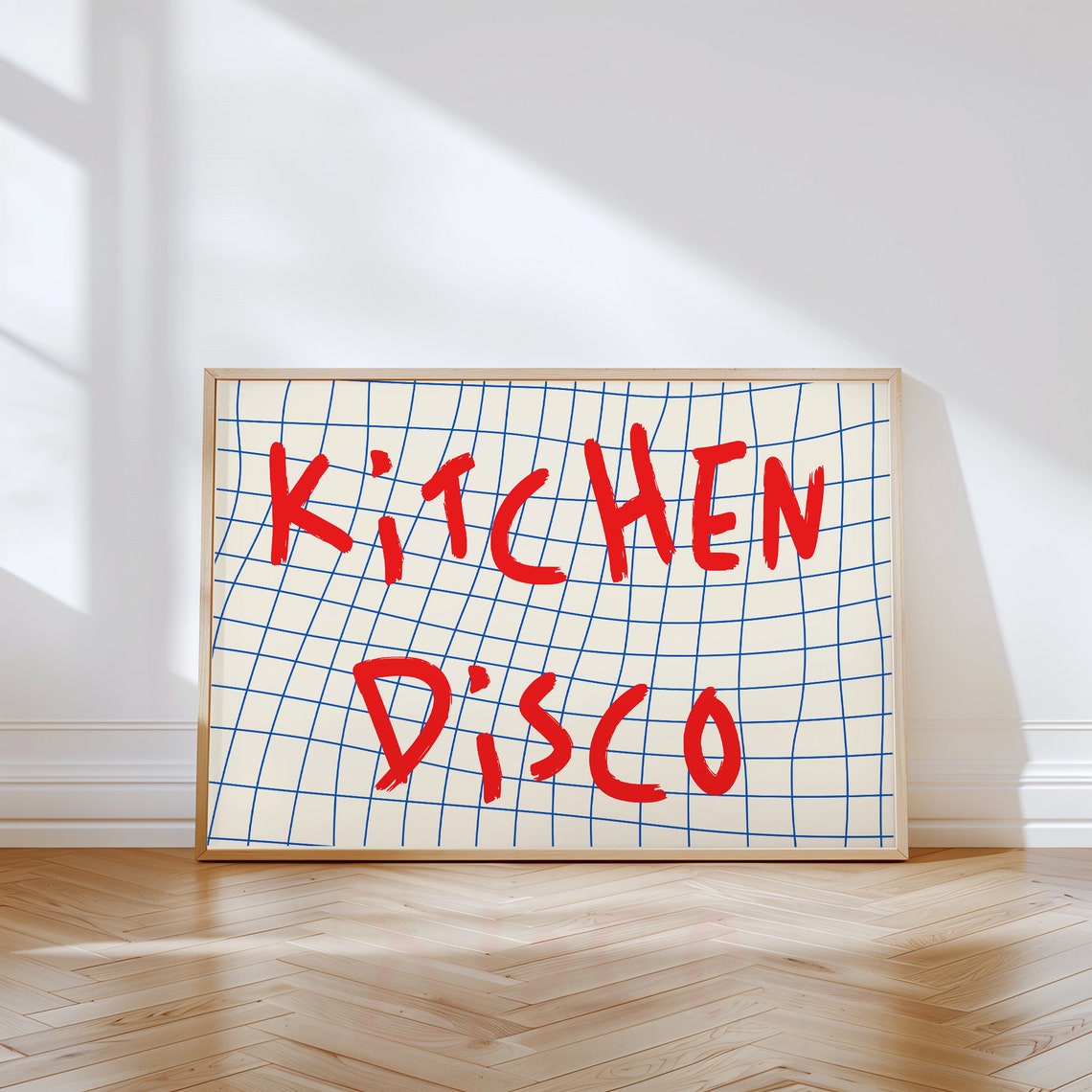 Kitchen Disco Red Brush Lettering Blue Grid Retro Quote Poster - Image 3