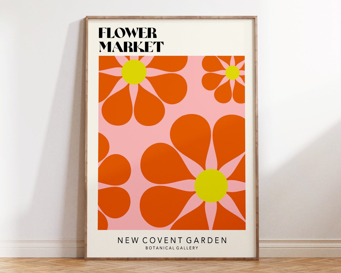 New Covent Garden Flower Market Retro Orange Pink Daisy Poster