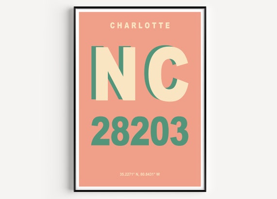 Custom Charlotte Nc Zip Code Poster Personalised Address Print Post Code Poster Charlotte Nc Poster Housewarming Gift Choice Of Colours