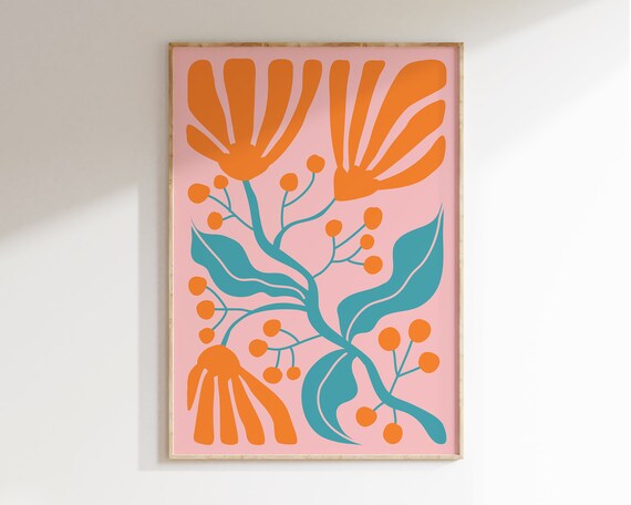 Abstract Flowers Poster Retro Flowers Print Colourful Botanical Print Matisse Pink Orange Flower Print Boho Flowers Art Print Mf010