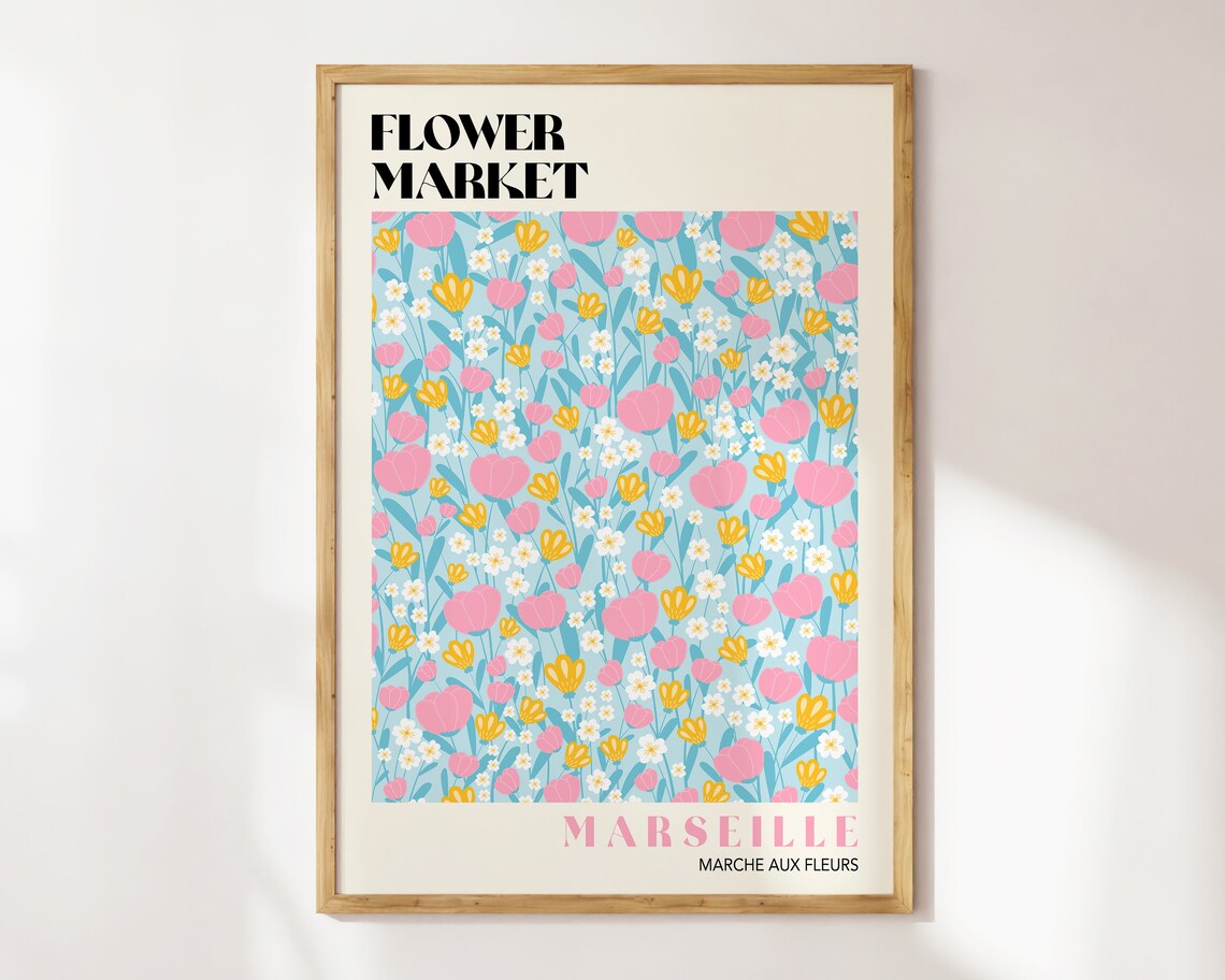 Marseille Flower Market Pink Tulip French Floral Retro Poster