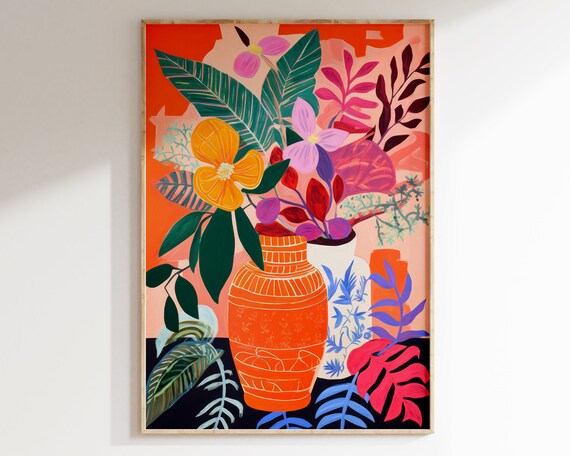 Matisse Inspired Still Life Art Print Colourful Botanical Painting Maximalist Wall Art Flowers And Vase Art Print B104