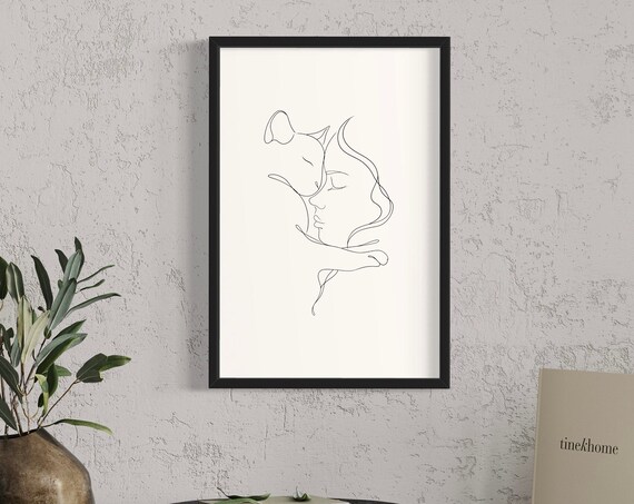 Line Art Print Poster Wall Art Cute Cat And Woman Outline Minimalistic Animal Line Art Wall Home Decor Modern Art Art
