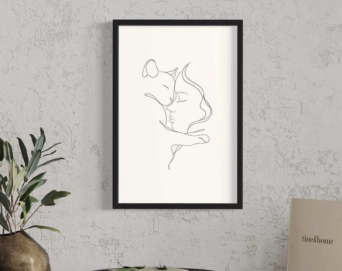 Woman and Cat Continuous One Line Drawing Minimalist Art Poster