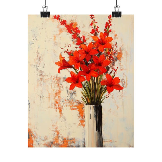 Red Lily Art Floral Still Life Print Modern Vase Painting Bold Flower Wall Decor Abstract Floral Art Cottage Core Style Gift