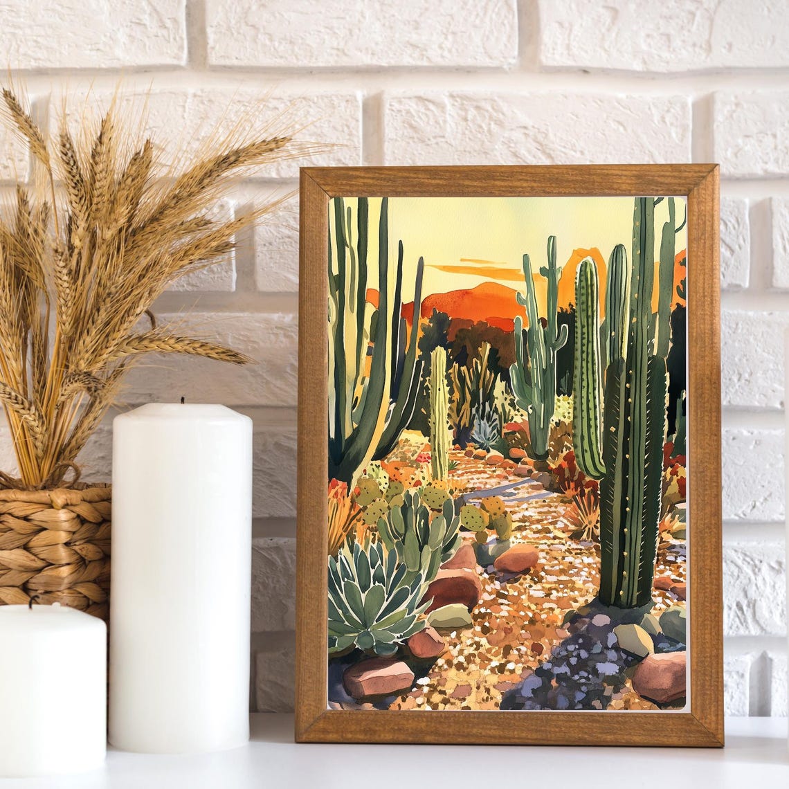 Desert Sunset Cactus Garden with Saguaros Gouache Painting Poster - Image 3