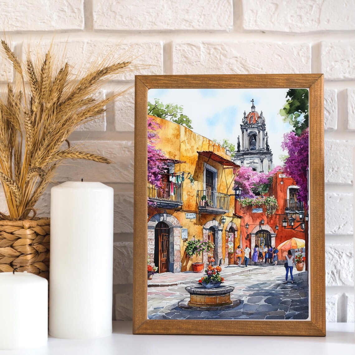 Colorful Coyoacan Plaza with Church Tower and Flower Fountain Poster - Image 2