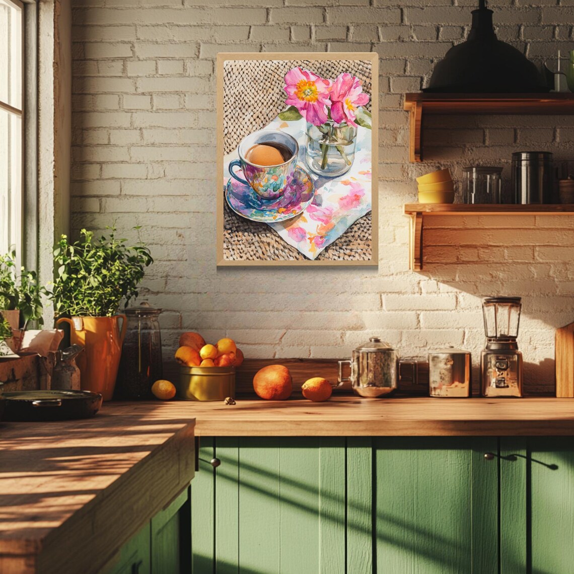 Floral Teacup Pink Cosmos Flowers Bright Watercolor Breakfast Poster - Image 4