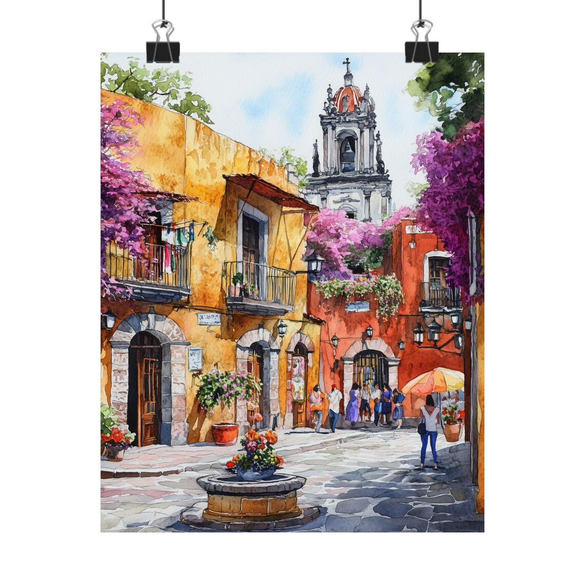 Colorful Coyoacan Plaza with Church Tower and Flower Fountain Poster