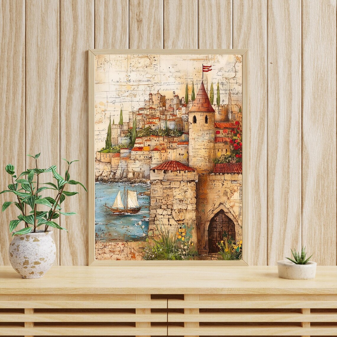 Rhodes Greece Medieval Castle Fortress Coastal Sailboat Vintage Poster - Image 3