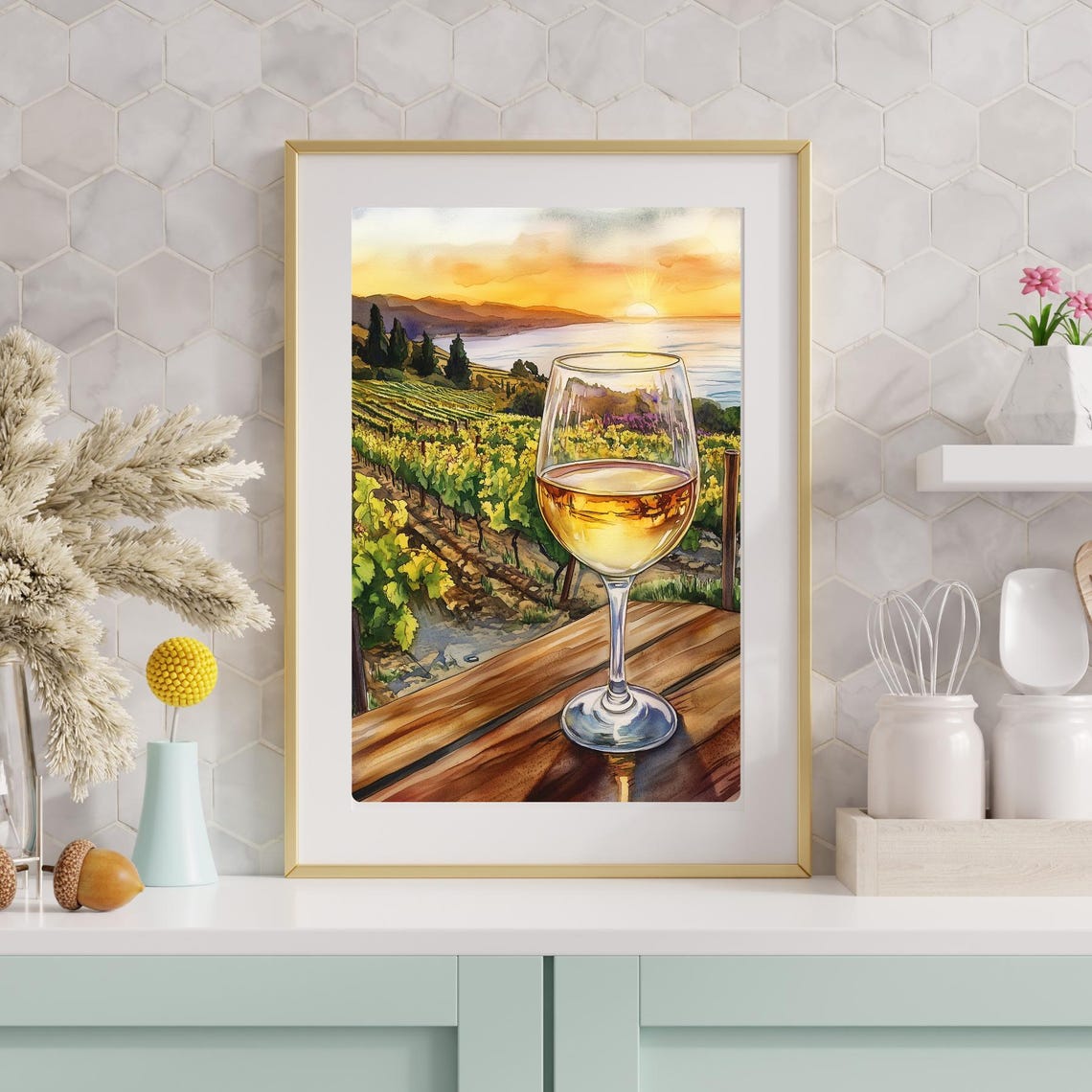 White Wine Glass Above Vineyard Rows at a Coastal Sunset Poster - Image 5