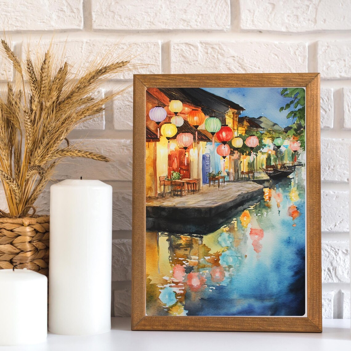 Hoi An Riverside Lantern Night Market Scene Watercolor Poster - Image 3