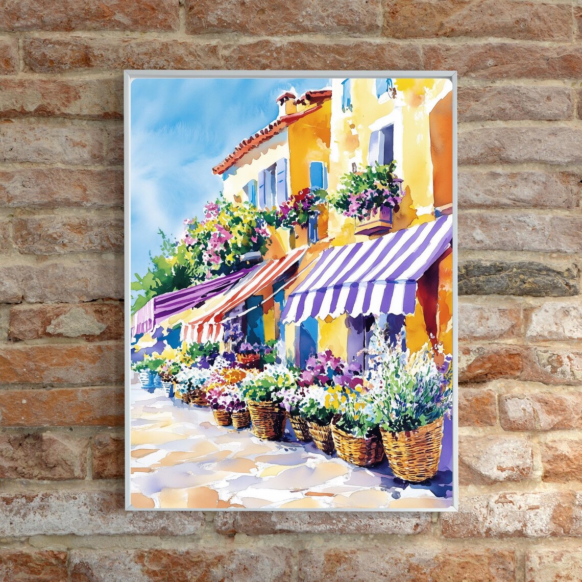 French Flower Market Watercolor Striped Awning Summer Street Poster - Image 2