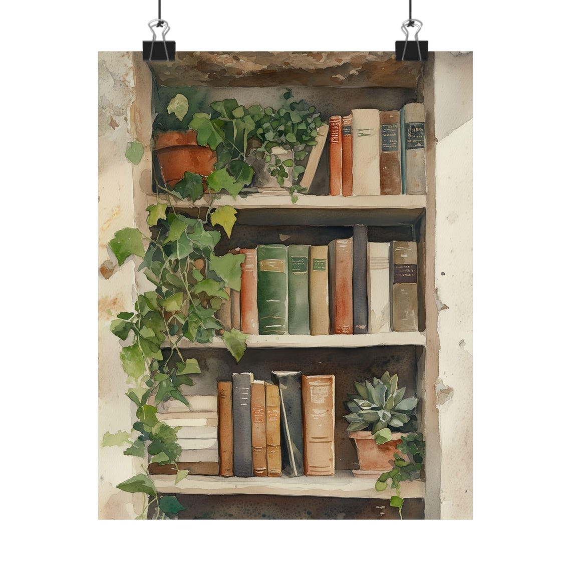 Antique Bookshelf Trailing Ivy Potted Plants Watercolor Library Poster