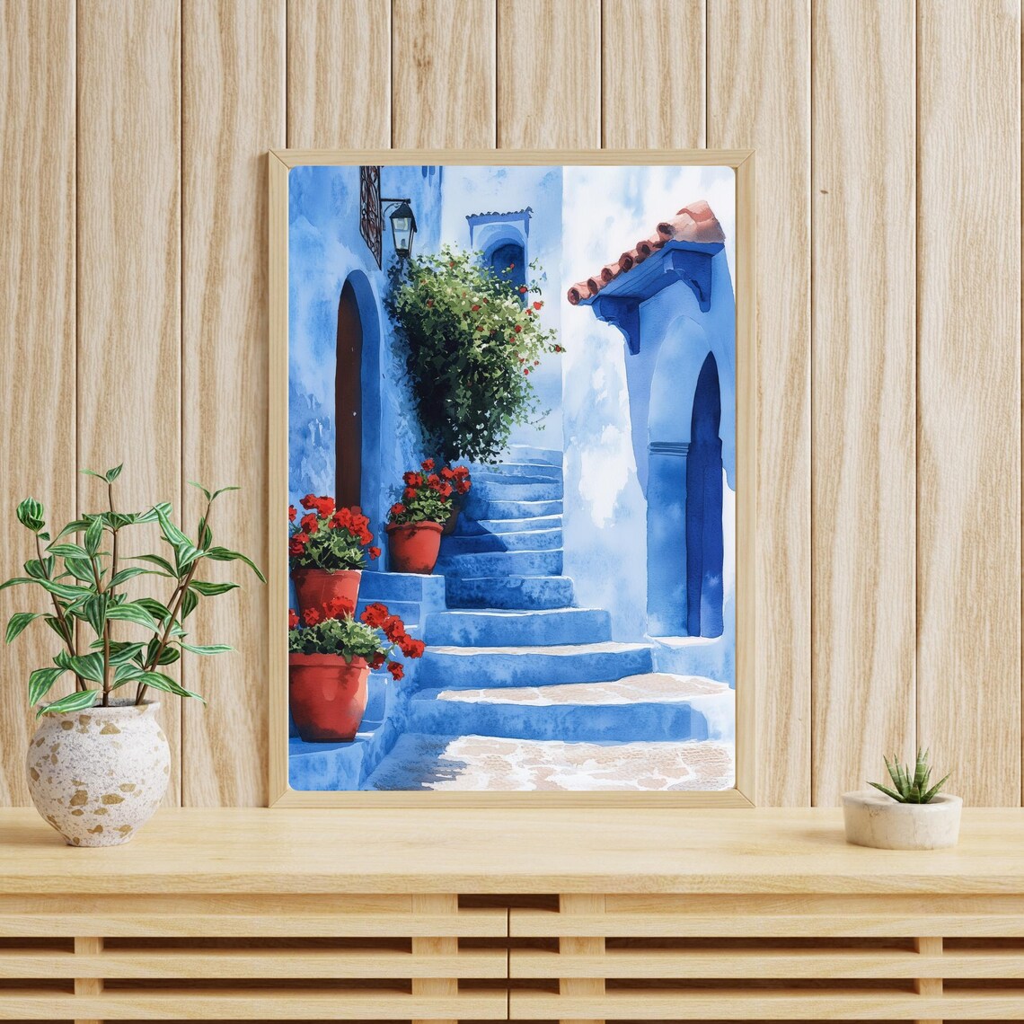 Chefchaouen Blue City Stairs with Red Flowers Watercolor Poster - Image 4