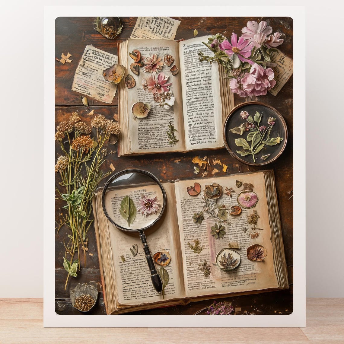 Vintage Botanical Herbarium with Pressed Flowers Open Books Poster - Image 5