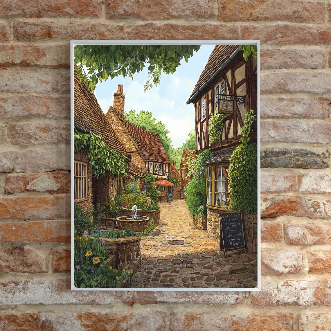 English Village Cobblestone Street Tudor Houses Fountain Poster - Image 6