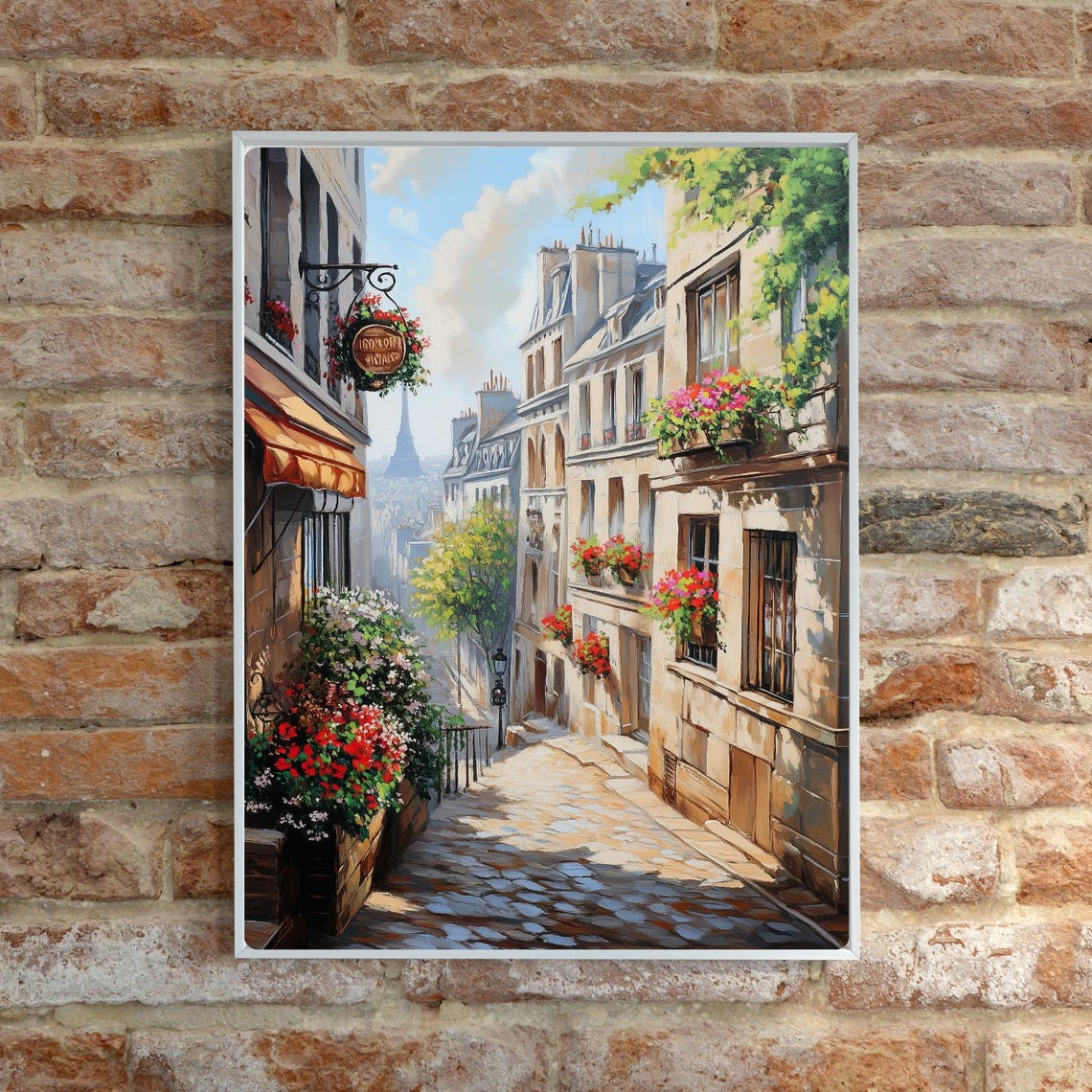 Parisian Cobblestone Street with Eiffel Tower View Flower Shops Poster - Image 6