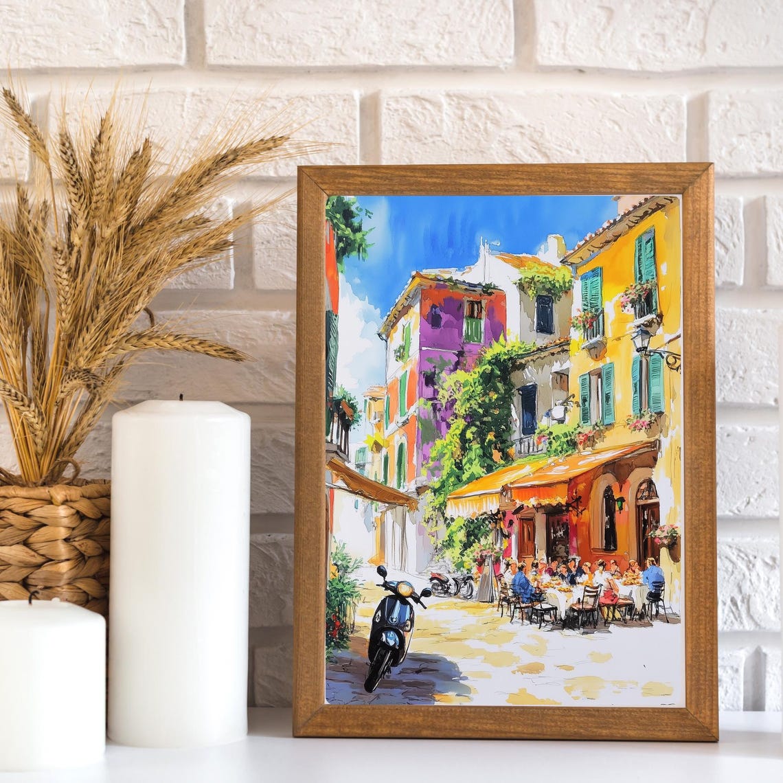 Italian Pizzeria Square Colorful Vespa Street Gouache Poster - Image 3